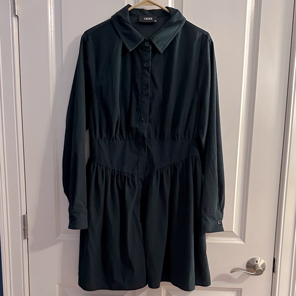Cider Dark Green Long Sleeve Button Down Dress. Courderoy 1X